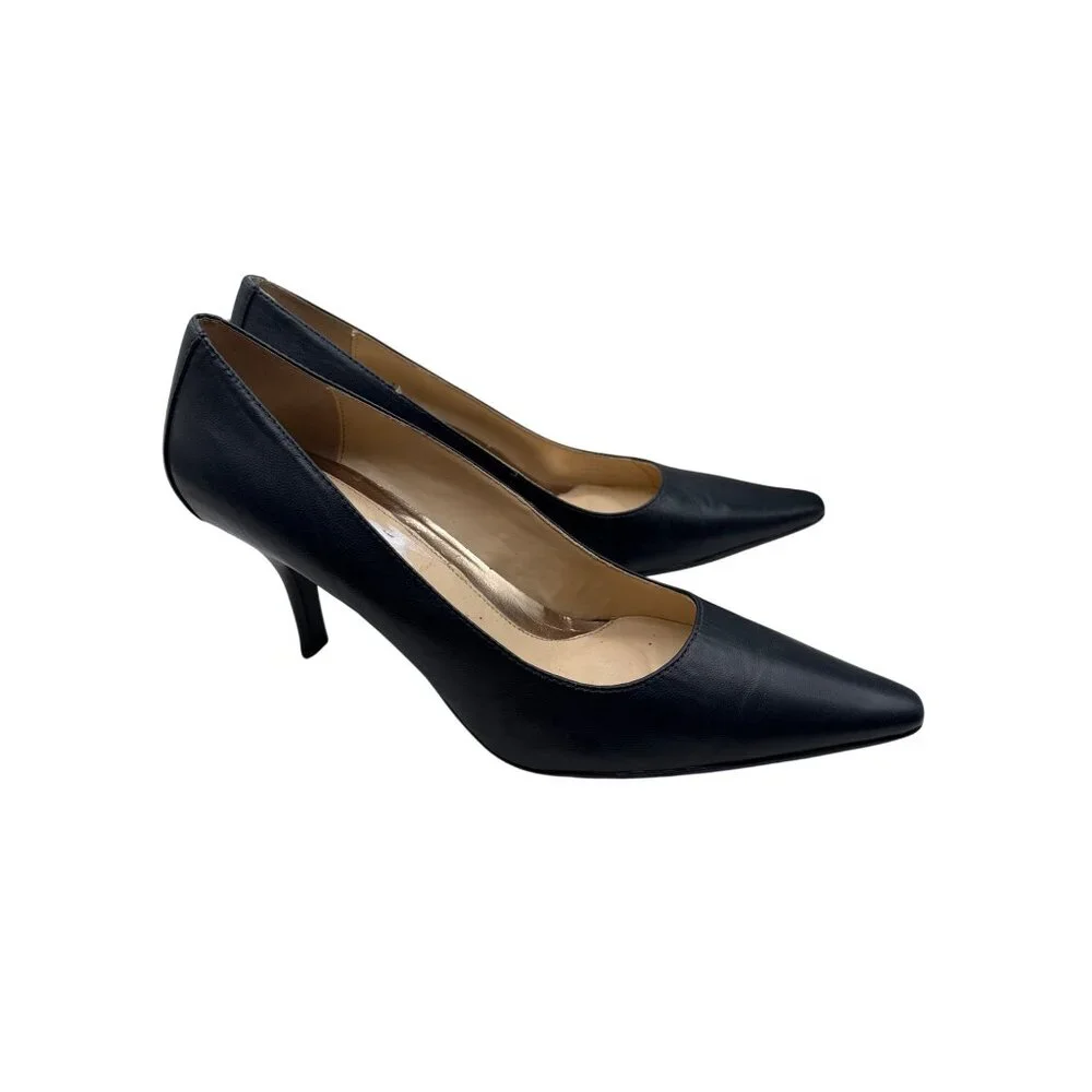 Calvin Klein Size 10 Dolly Style Black Pointed-Toe Stylist Leather Heels